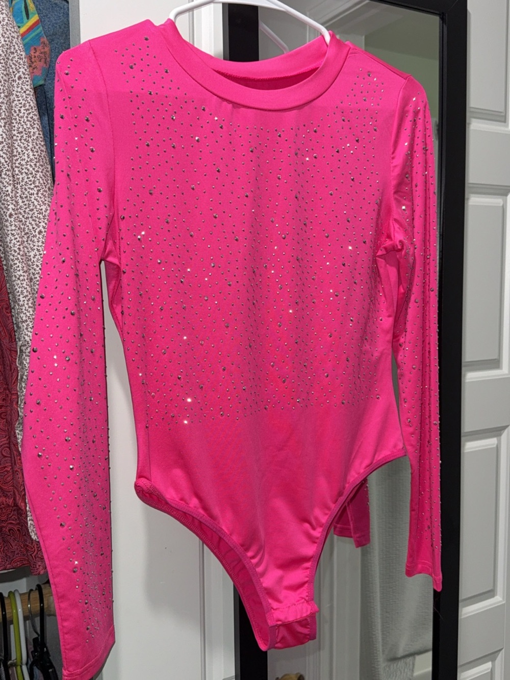 Amazon Hot Pink Rhinestone Long Sleeve Bodysuit